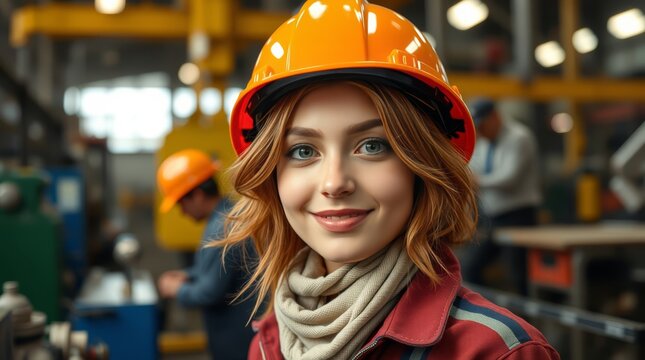 Happy young woman with red hair and orange helmet working at factory.