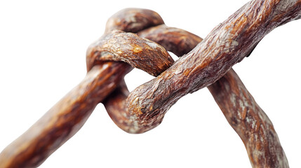 Obraz premium Close-up of a twisted rope knot showcasing natural textures and colors, isolated on a white background.