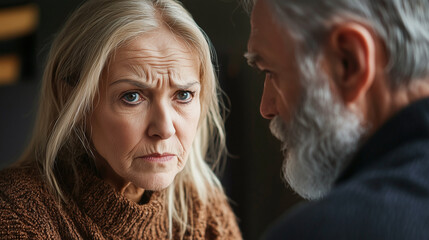 An older, mature or senior couple are in a disagreement, headed for divorce. Landscape format aspect ratio 16:9