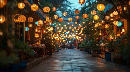 Fototapeta premium Colorful Ramadan market stalls with lanterns and festive decorations,