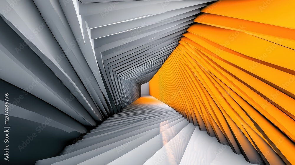 Fototapete a dynamic geometric design of gray and orange planes, angular lines, and reflective surfaces creatin