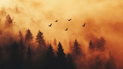 Birds Escaping Deforestation Smoke Engulfing Mystic Orange Forest Landscape