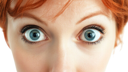Obraz premium Close-up of a woman with striking blue eyes and vibrant red hair, expressing surprise or curiosity against a white isolated background.