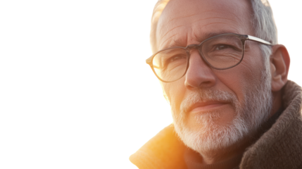 Close-up portrait of a thoughtful senior man with glasses, showcasing wisdom and experience against a soft illuminated background.