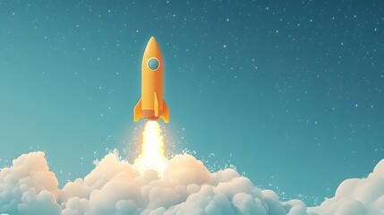 Obraz premium Retro-style yellow rocket soars through light blue sky leaving white flame trail. Vintage space illustration features fluffy clouds and twinkling stars in playful children's book style.