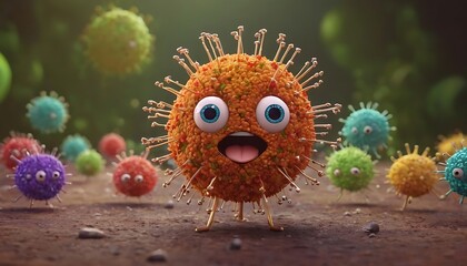 colorful cartoon personification virus with face. cute covid spike glycoprotein pathogen 3d render.concepts, cut out, death, illness, imagination, magnification, no people, photography, safety,6687