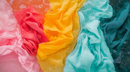 Soft and colorful fabrics in shades of pink, yellow, and blue submerged in water, creating a dreamy, artistic effect.  
