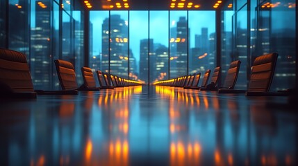 Night city view, empty boardroom, meeting