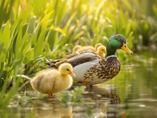 Fototapeta premium Close-up of a cute duckling following its mother through the reeds along the riverbank, mother duck, nature, family, reeds