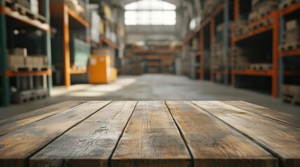 Fototapeta premium A warm wooden table in sharp detail with a bright and blurry warehouse storage scene in the background, evoking productivity and energy