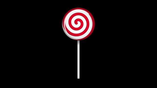Lollipop on stick animation. Sweet candy animation. Animation for new years day, winter holiday, dessert, new years event. Transparent background with alpha channel