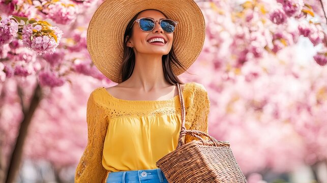 A woman in a stylish straw hat, yellow top, and blue pants smiles happily.  She carries a wicker bag and wears sunglasses.  The photo shows her near blooming pink trees, leaving space for text.