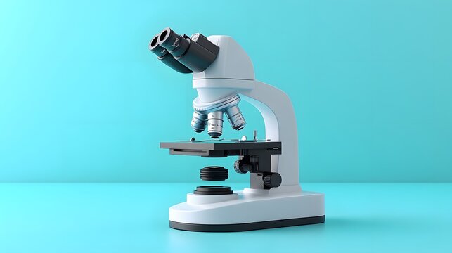 Minimalist white microscope illustration rendered in cartoon style. Simple vector design features turquoise accents, creating professional yet approachable scientific equipment representation.