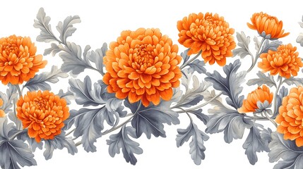Sophisticated orange chrysanthemums intertwine with gray leaves creating elegant Victorian-style floral pattern. Vintage botanical design features ornate flourishes and decorative swirls backdrop.