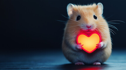 A cute baby hamster holding a neon heart , set against a dark background flat surface. The design features ample blank space, making it perfect for a Valentine’s Day gift card.