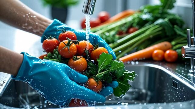 Close up of hands in rubber gloves washing fresh different vegetables with water in kitchen sink, concept of hygiene and healthy eating