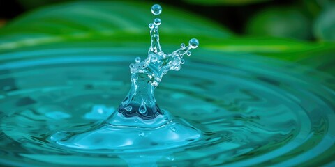 Close-up of a blue water splash on a leafy green background with ripples and movement, calm, blue