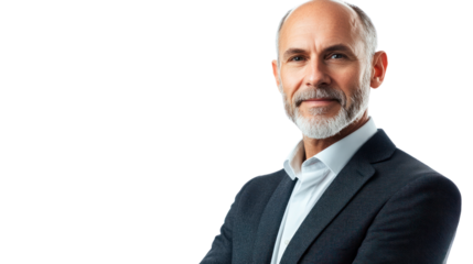 Confident, professional senior man in business attire with a beard, standing with a smile against a neutral background.
