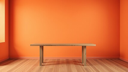 Monochrome Empty Room Mockup, Minimalist Wood Table, Terracotta Wall, Product Showcase