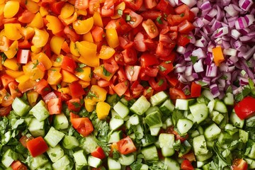 Fresh colorful vegetable salad, arranged on a background of sliced ingredients.