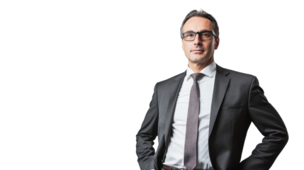 Confident businessman in a modern suit with glasses, posing against a white background, exuding professionalism and success.