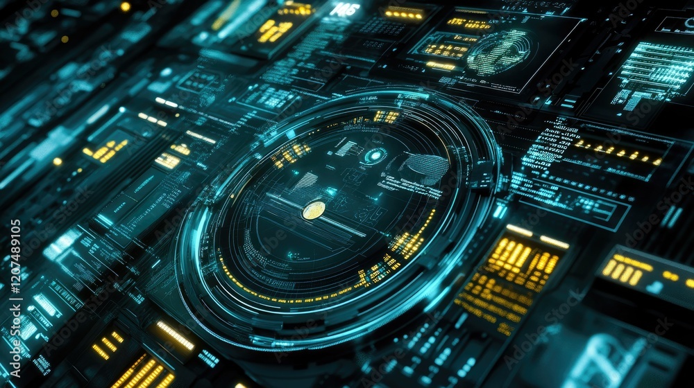 Poster abstract image of economic graphs and data charts with glowing futuristic elements, representing the