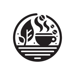 Coffee shop logo. Retro badge coffee bean and leaf branch with mountain natural icon line stamp logo vector design in vintage hipster modern style, premium coffee shop bar brand symbol icon