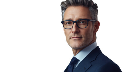 Confident businessman wearing glasses and a suit, posing against a clean background. Perfect for professional or corporate contexts.