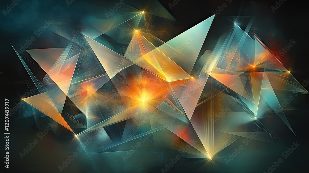 Poster abstract triangle light design with sharp edges and glowing neon hues, arranged in a dynamic pattern