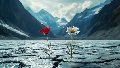 A cinematic shot of two flowers growing on cracked ice, one white and the other red