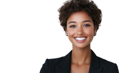 Confident businesswoman smiling warmly, wearing a professional outfit, showcasing a positive and approachable attitude.