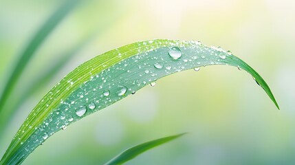 Microscopic water droplets glisten on fresh green leaf surface, capturing morning dew in crystal-clear detail. Natural bokeh effect enhances extreme close-up view with shallow depth of field.
