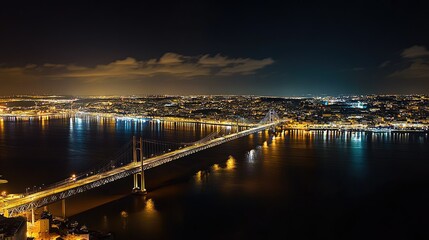 Aerial nighttime view of the Vasco da Gama Bridge, its glowing lights creating a radiant path over the Tagus River and Lisbon's urban landscape