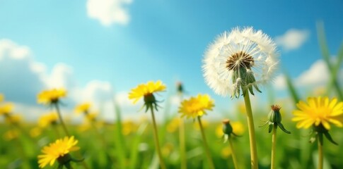 Obraz premium Close-up of dandelions in a field, azure sky overhead , floral, blossom