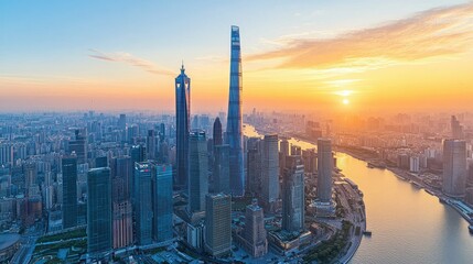 Naklejka premium Aerial view of futuristic cityscape at sunset, highlighting abstract skyscraper geometry with reflective glass surfaces and sharp angles