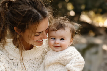 Obraz premium Smiling Mother and Baby in Cozy Sweaters 