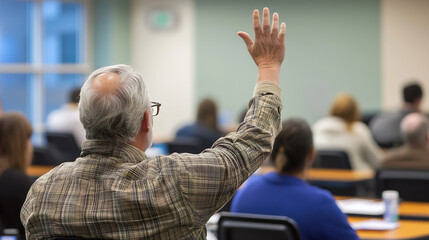 Back view of older student raising his hand to answer teacher's question during education training class.
