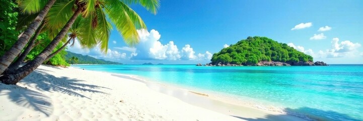 Fototapeta premium White sand beach, turquoise water, lush island backdrop, beautiful, palm trees