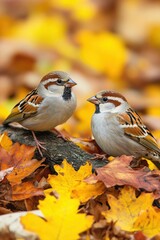 Two Sparrows on Autumn Leaves Peaceful Fall Scene Nature Photography