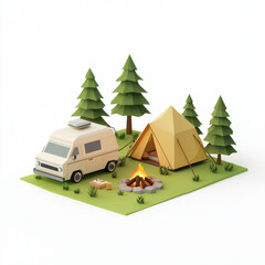 Obraz premium Low poly camper setup with tent, van, and bonfire in nature on white background