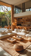 Fototapeta premium Serene Minimalist Living Room with Abundant Natural Light and Tropical Views