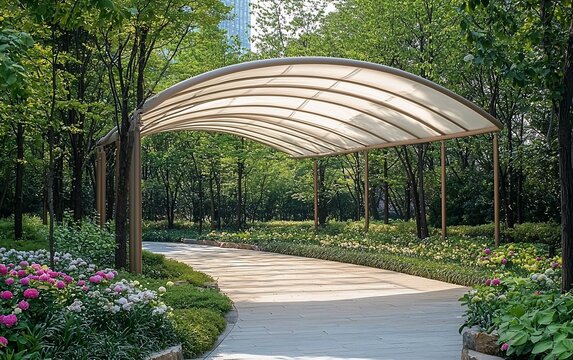 Modern curved canopy walkway in a lush green park. - Powered by Adobe