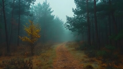 Obraz premium Mysterious forest scene shows tall pine trees shrouded in morning mist. Ethereal light filters through fog-covered woodland, creating moody atmosphere along forest path with fallen leaves.