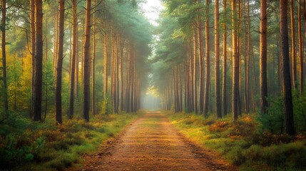 Fototapeta premium Mysterious forest scene shows tall pine trees shrouded in morning mist. Ethereal light filters through fog-covered woodland, creating moody atmosphere along forest path with fallen leaves.