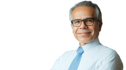Confident older man smiling in a professional setting, wearing glasses and a formal shirt, conveying wisdom and approachability.