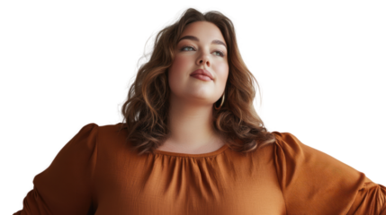 Confident plus-size woman in casual wear with a positive expression, embracing body positivity against a white isolated background.