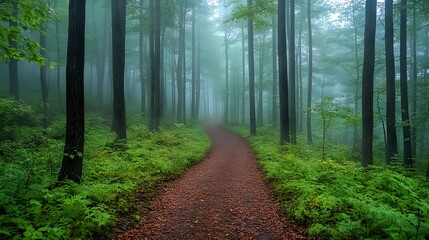 Obraz premium Mysterious forest scene shows tall pine trees shrouded in morning mist. Ethereal light filters through fog-covered woodland, creating moody atmosphere along forest path with fallen leaves.