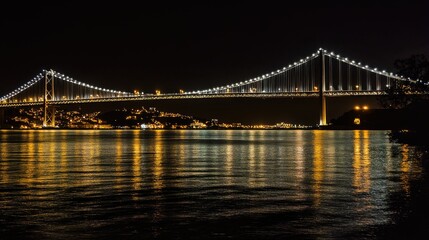 Obraz premium Bridge lights illuminating the night, with the Vasco da Gama Bridge stretching across the tranquil Tagus River in Lisbon