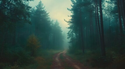 Obraz premium Mysterious forest scene shows tall pine trees shrouded in morning mist. Ethereal light filters through fog-covered woodland, creating moody atmosphere along forest path with fallen leaves.