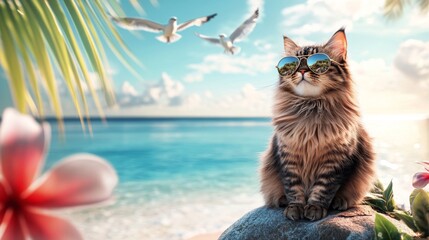 Obraz premium Lazy cat wearing sunglasses and chilling on a beach